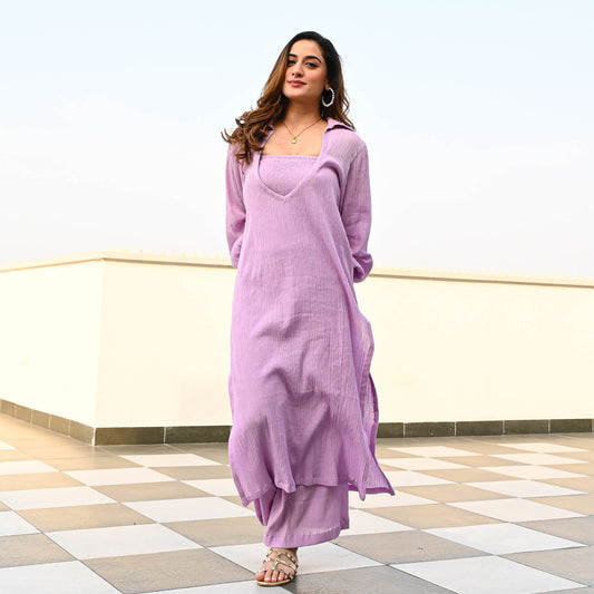 Lavender Crushed Cotton Designer Co ord Set For Women Online