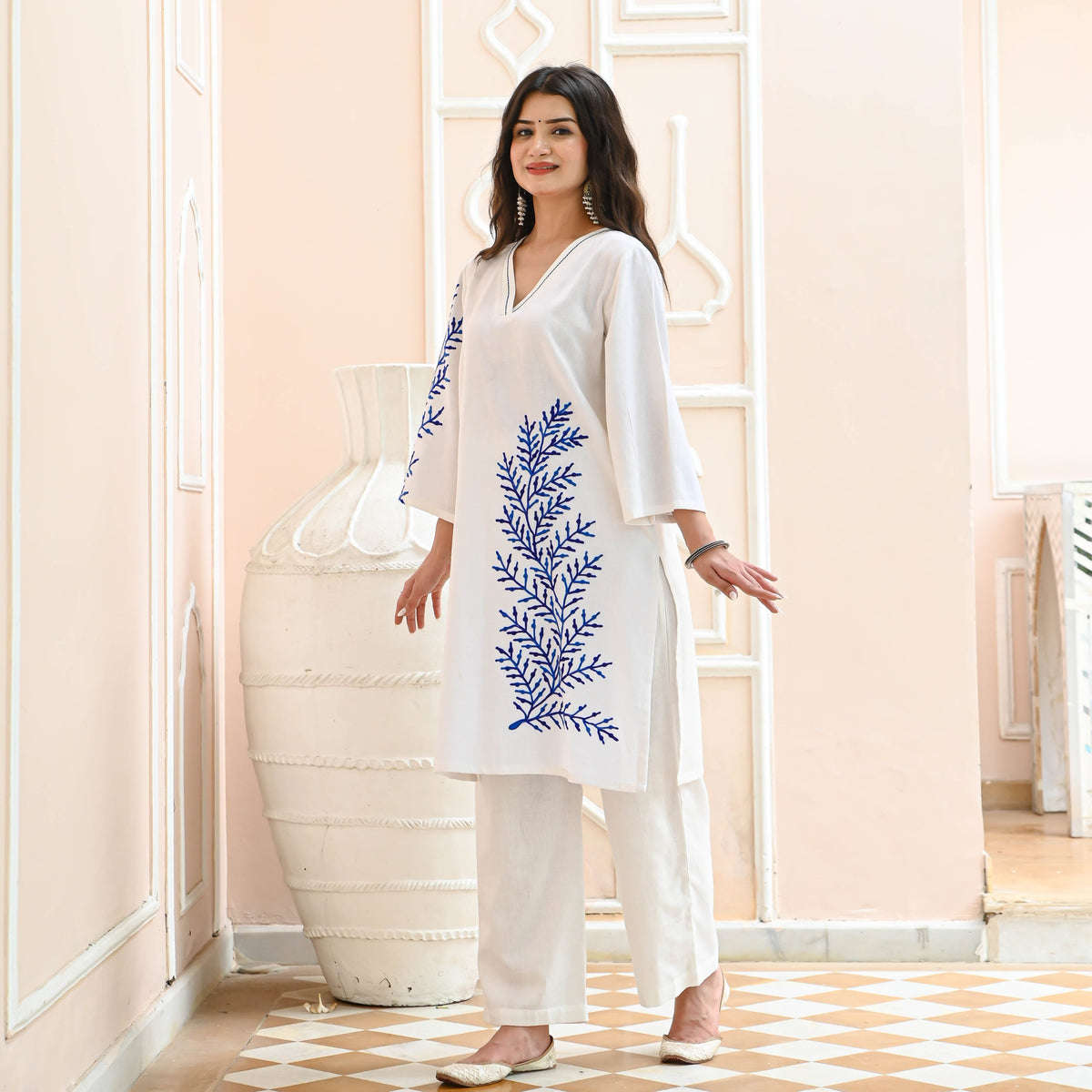 Utsav White Blue Embroidered Co-ord Set