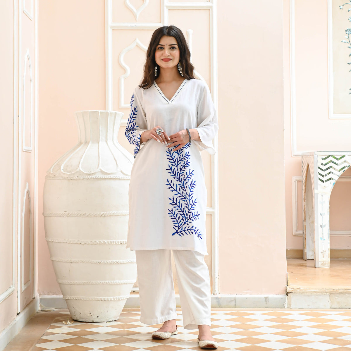 Utsav White Blue Embroidered Co-ord Set
