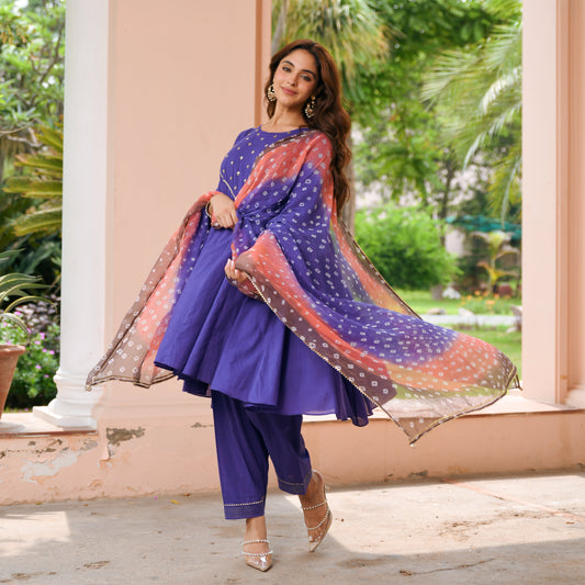 Utsav Purple Bandhej Cotton Suit Set
