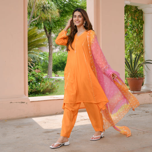 Utsav Orange Bandhej Cotton Suit Set