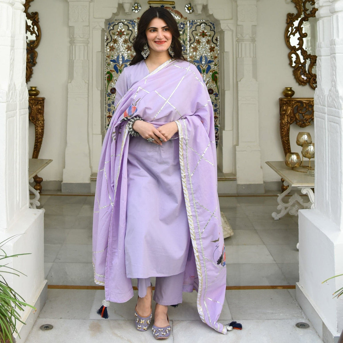 Utsav Lilac Handpainted Dupatta Suit Set (Set of 3)