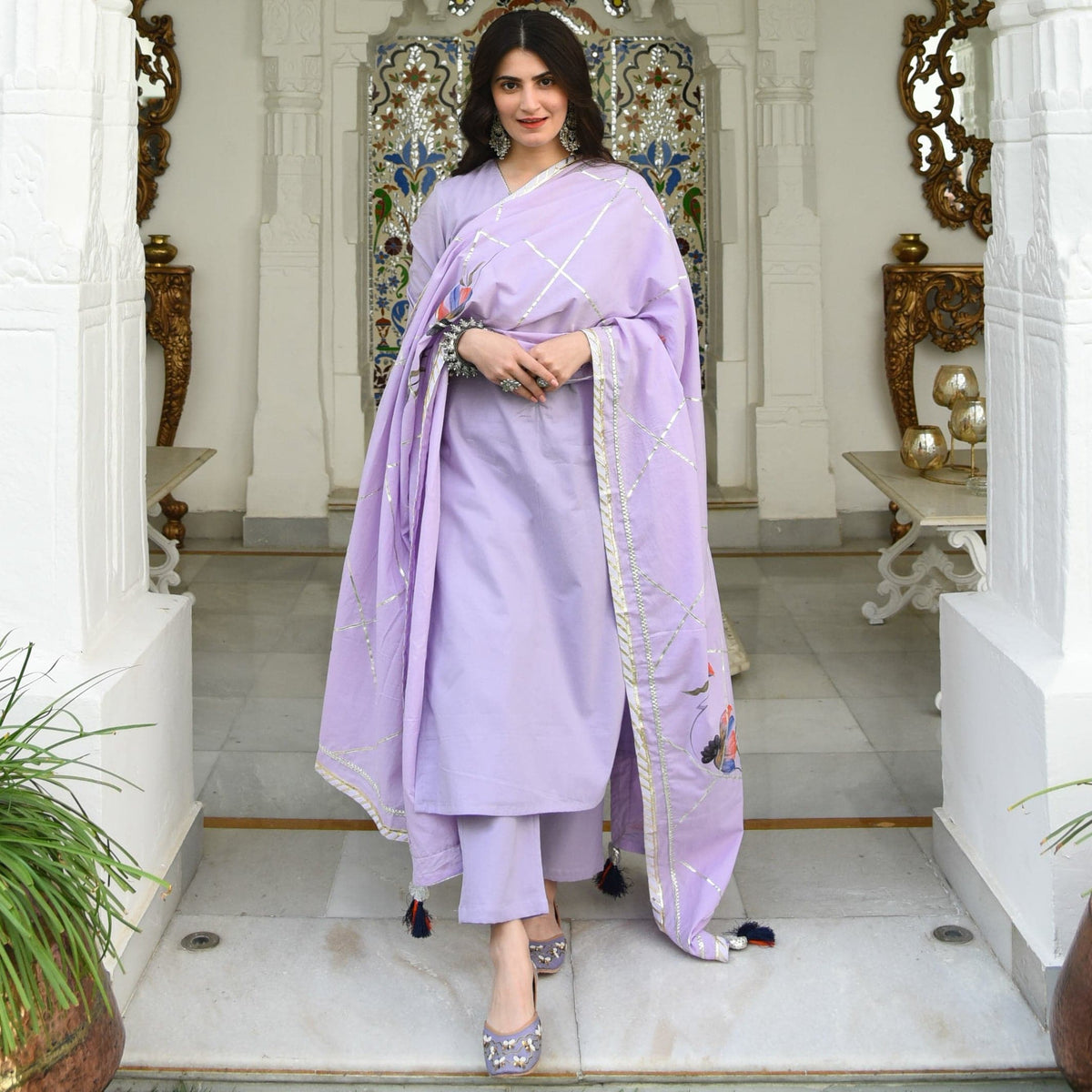 Utsav Lilac Handpainted Dupatta Suit Set (Set of 3)