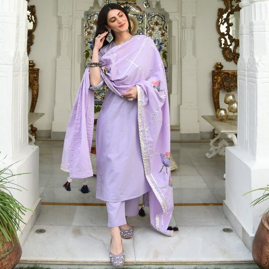 Utsav Lilac Handpainted Dupatta Suit Set (Set of 3)
