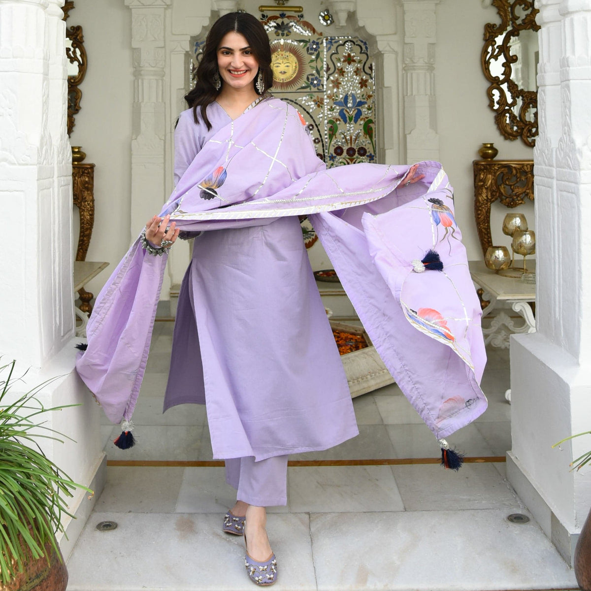 Utsav Lilac Handpainted Dupatta Suit Set (Set of 3)