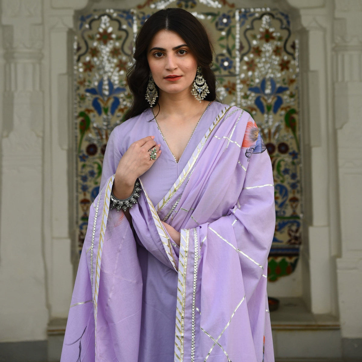 Utsav Lilac Handpainted Dupatta Suit Set (Set of 3)