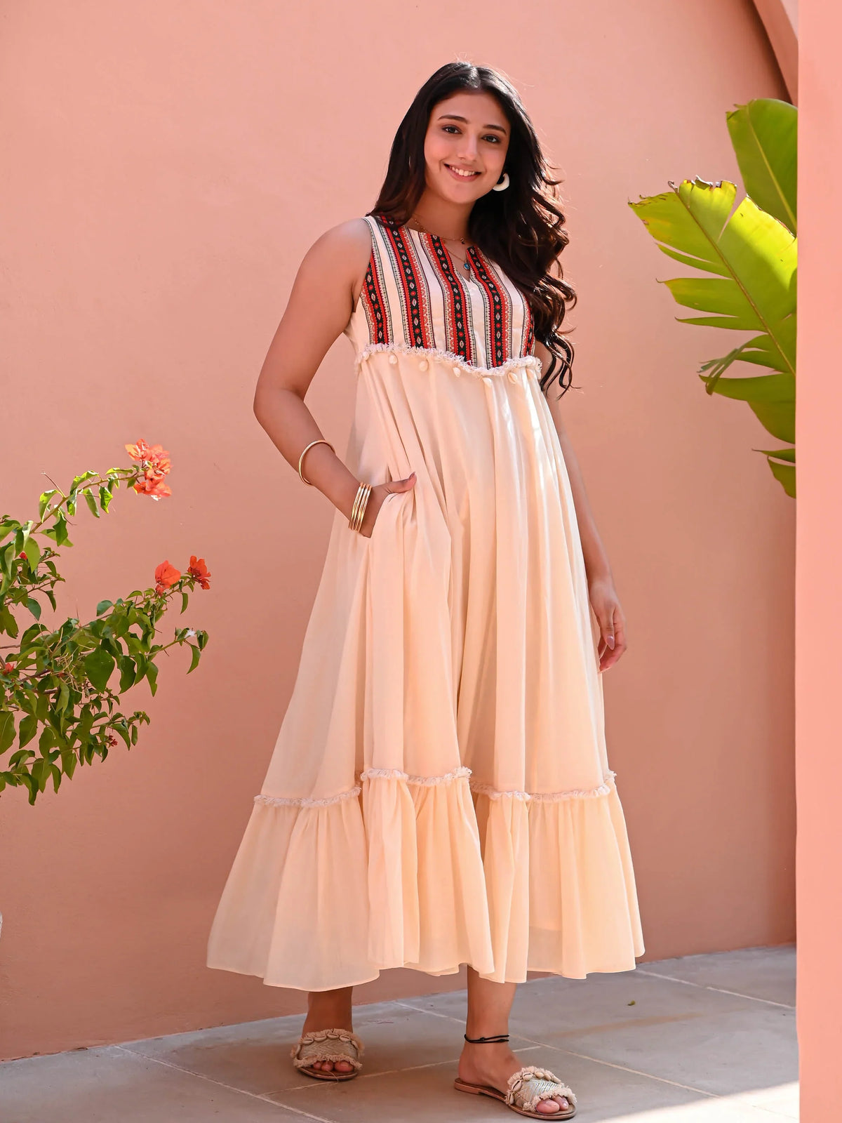 Utsav Beige Cotton Dress with Neck Detail