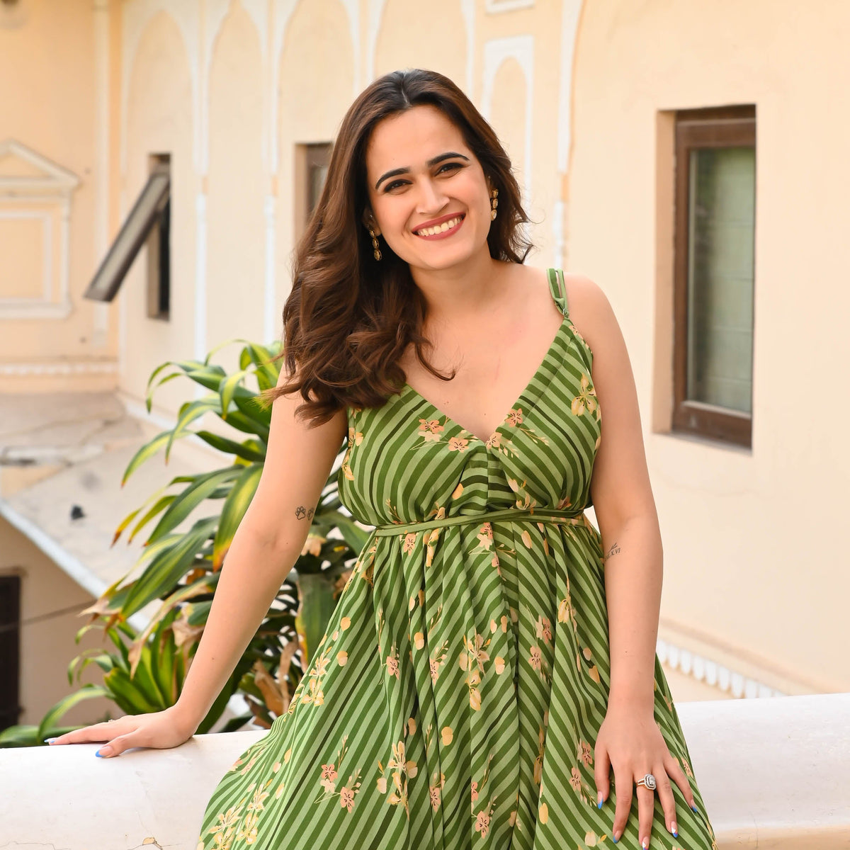 Green Stripes Floral Jumpsuit for Women Online