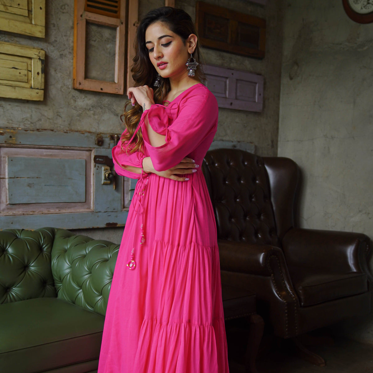 Hot Pink Cotton Maxi Anarkali Dress For Women Online