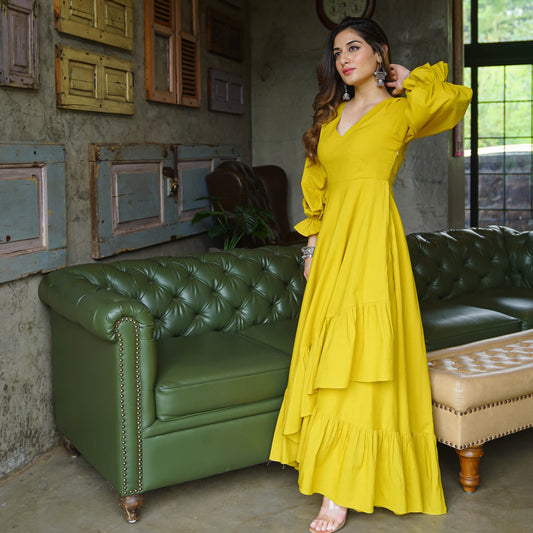 Bella Yellow Long Cotton Maxi Dress For Women Online