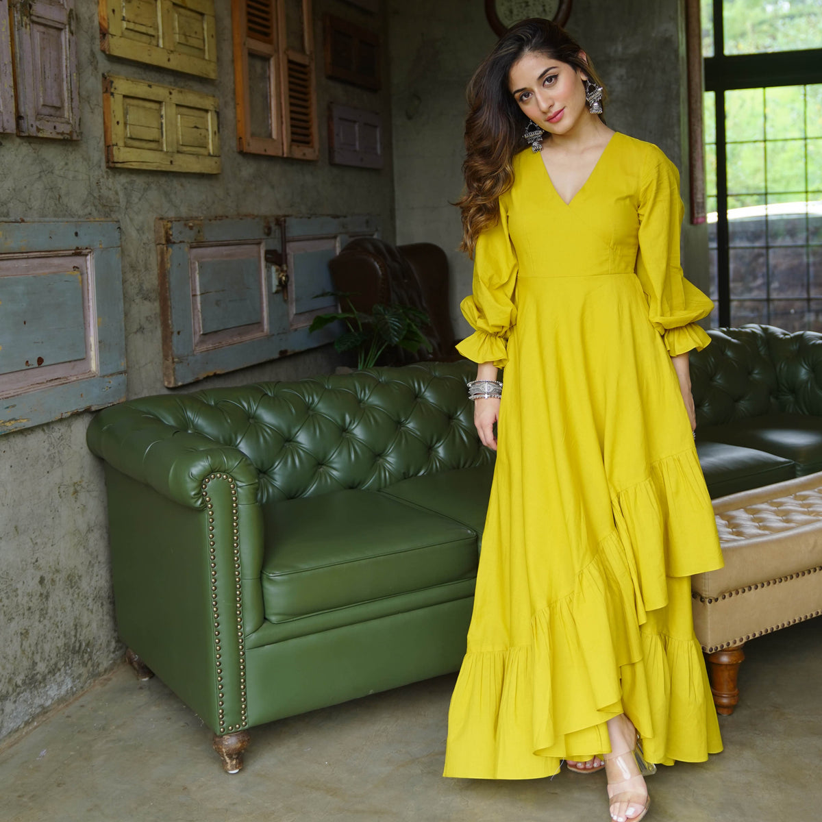 Bella Yellow Long Cotton Maxi Dress For Women Online