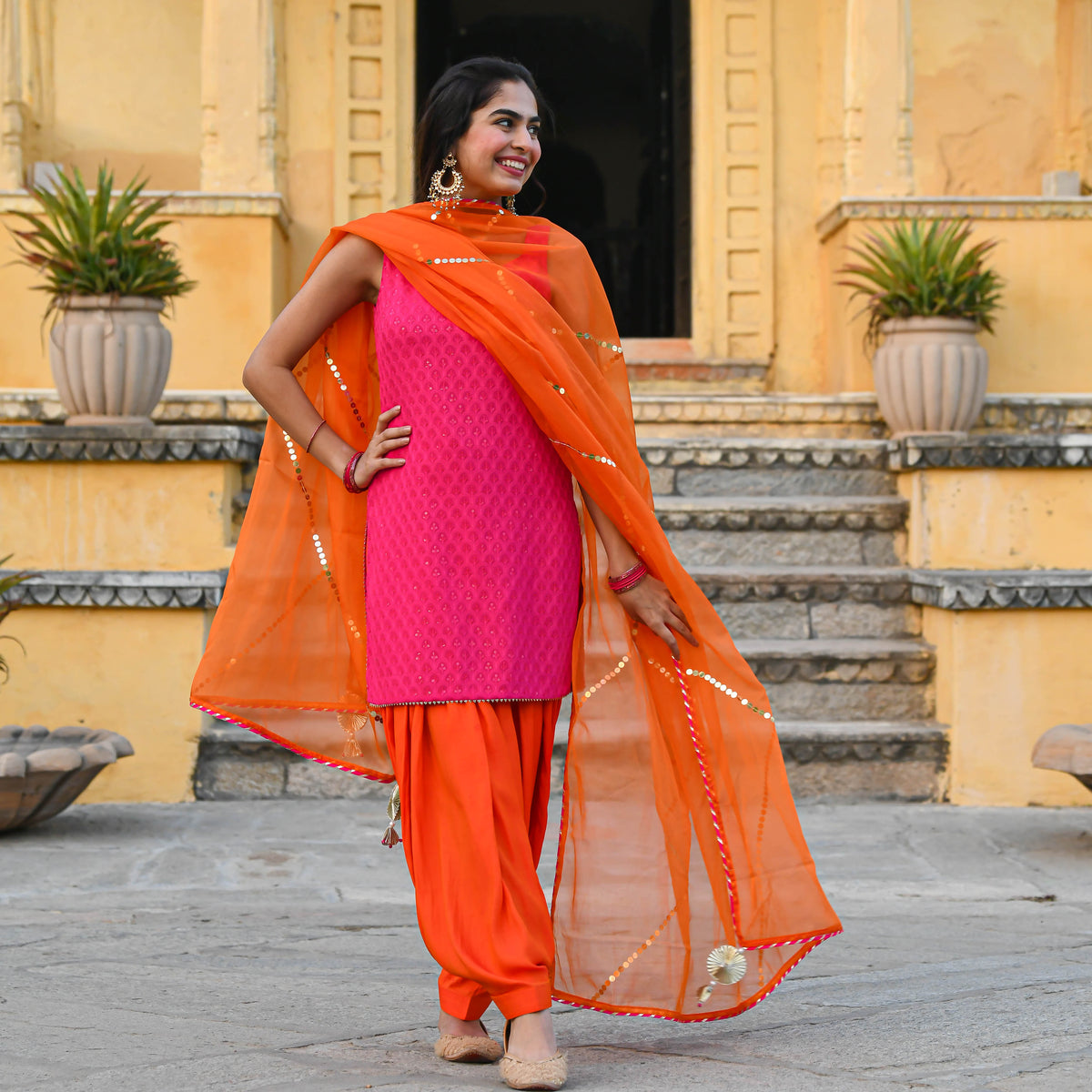 Pink Orange Patiala Suit Set for women online