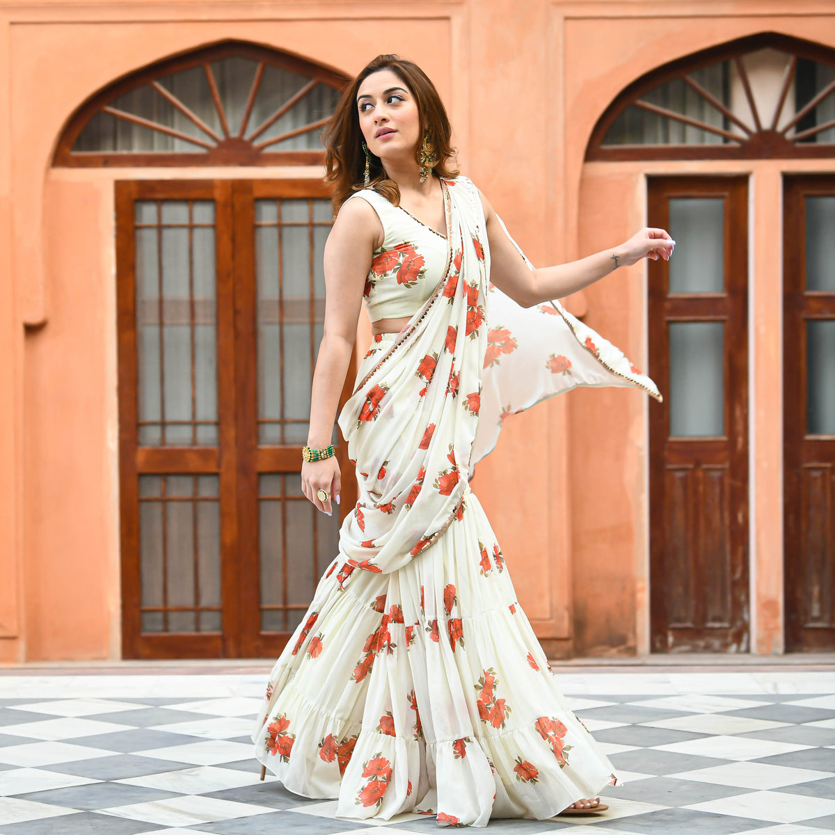 Cream Floral Fusion Saree for women online