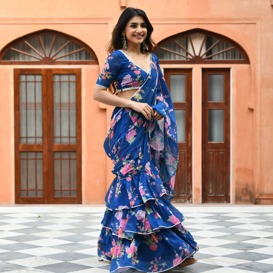 Royal Blue Floral Fusion Georgette Saree Online