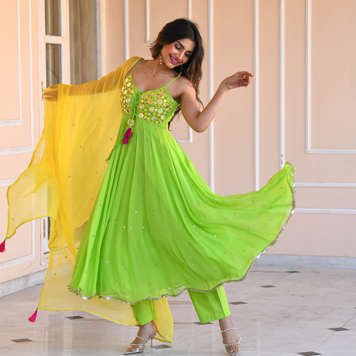 Georgette Green Yellow Anarkali Suit Set with Mirror Work