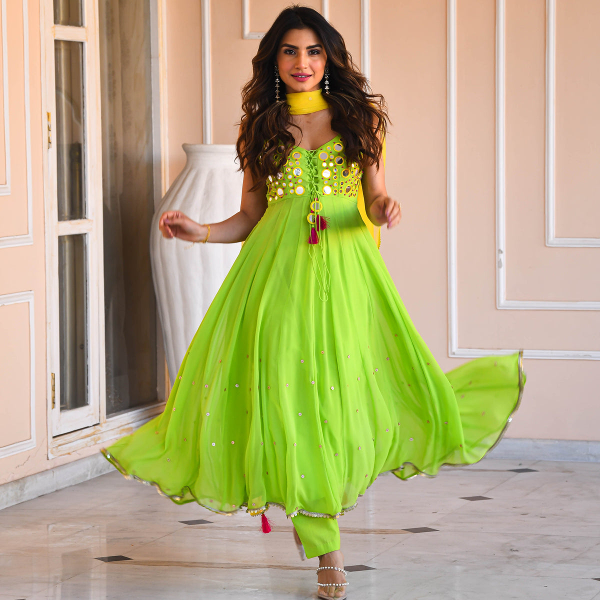 Georgette Green Yellow Anarkali Suit Set with Mirror Work
