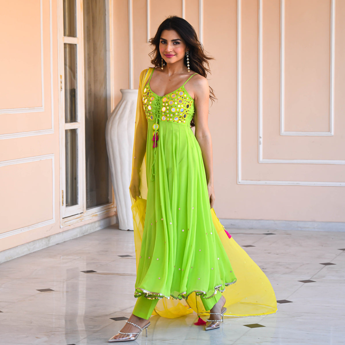 Georgette Green Yellow Anarkali Suit Set with Mirror Work